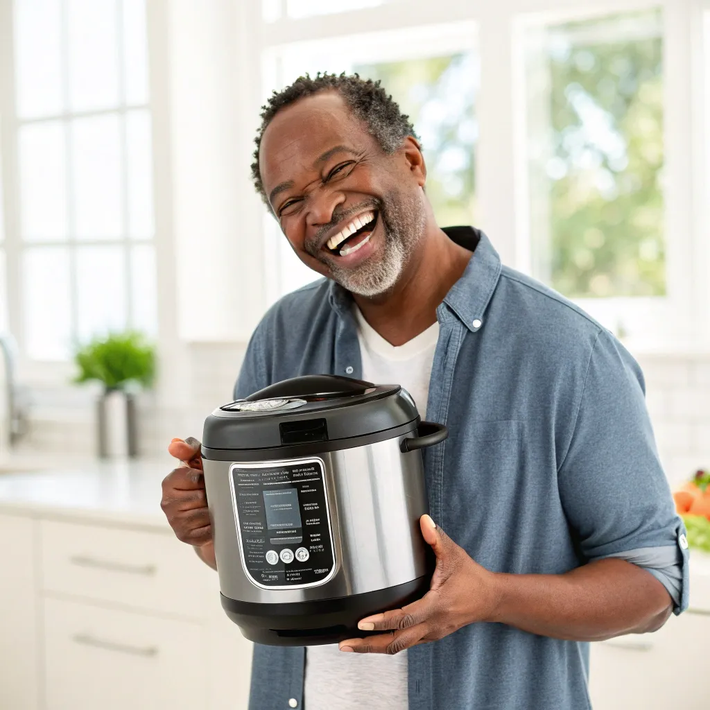 Happy man holding a multicooker
