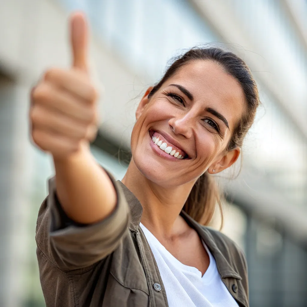 Smiling woman giving a thumbs up